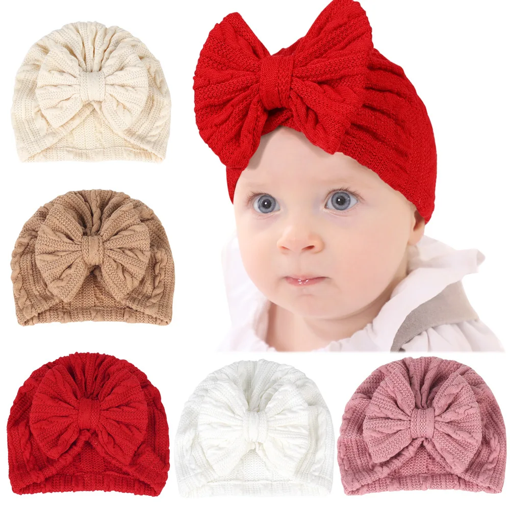 Cute Baby's Hats Solid Color Striped Bow Fetal Cap for Baby Girls Pullover Cap Soft Comfortable Baby Headscarf Hat Infant Gifts