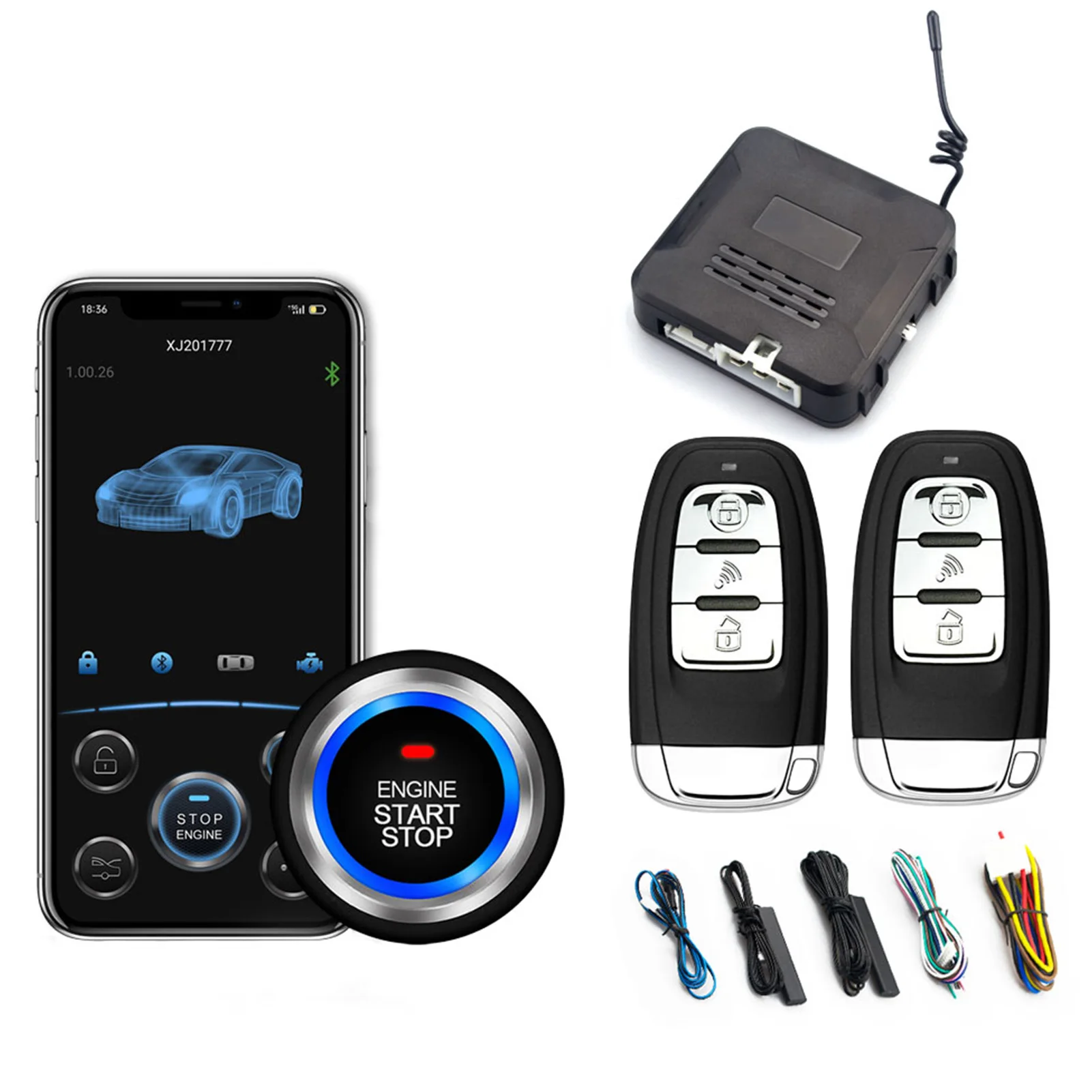 

Car Keyless Push Start System Engine Start Alarm System Push One-button Start Smart Remote Phone Control Anti-Theft System