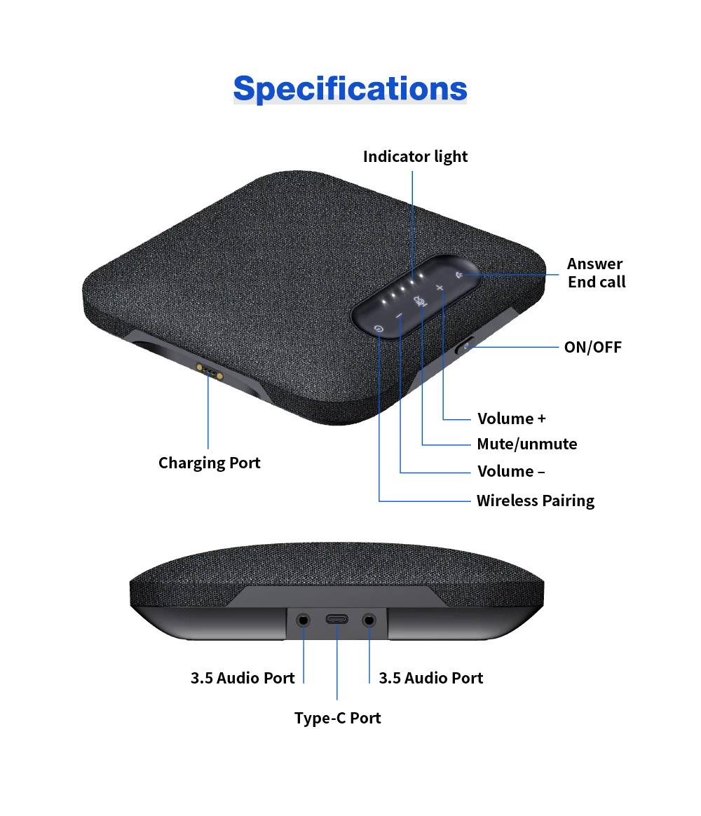 Speakerphone konferensi Bluetooth nirkabel, model terbaru 2024 dengan ekstensi 2 mikrofon dan pengurangan kebisingan untuk kantor Huddle