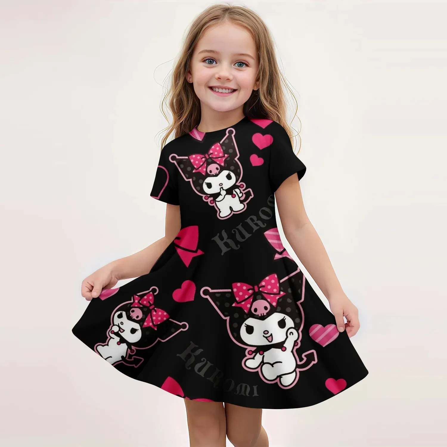 MINISO New Girls Summer Dress Fashion Cartoon Cute Kuromi & My Melody 3D Print Dresses Girls Short Sleeve Princess Clothing