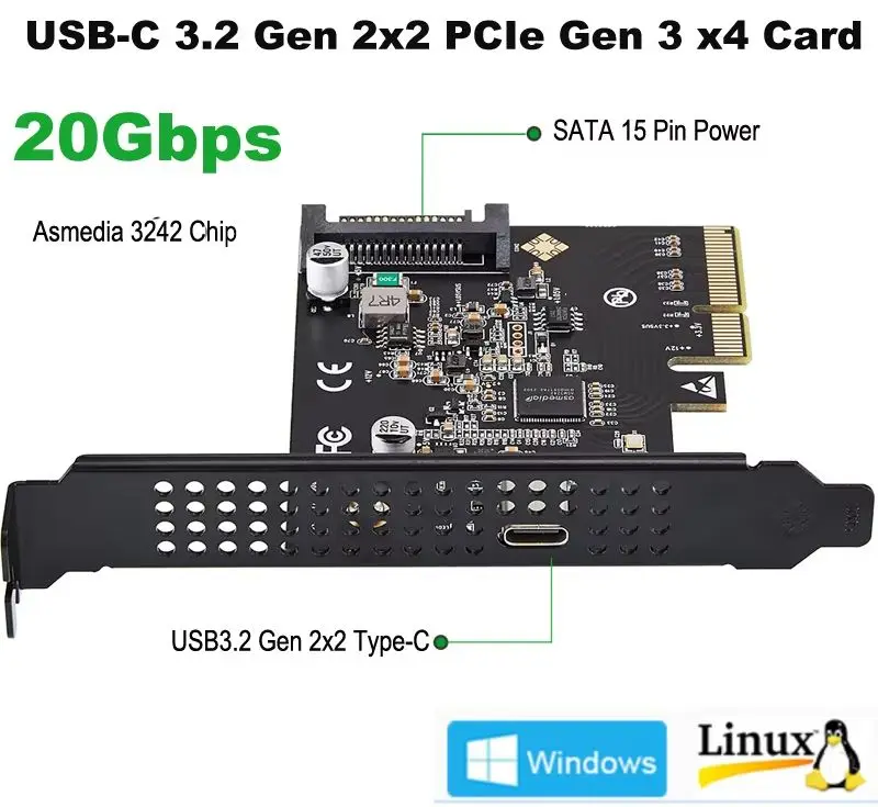 USB-C 3.2 Gen 2x2 PCI-e Gen 3 x4 Type-c Expansion Card 20Gbps ASMedia ASM3242 Chipset with SATA 15 Pin Power