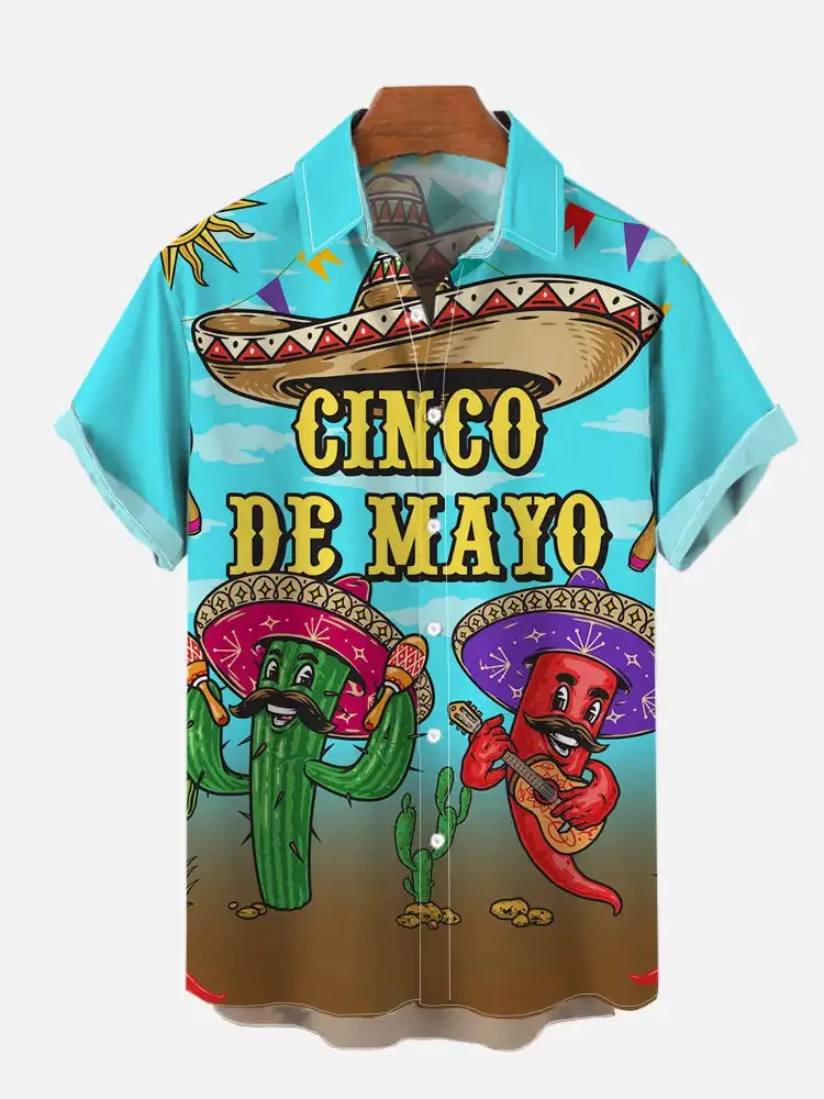 Men's Shirt Mexican Party Creative 3D Printed Tops Summer New Hawaiian Casual Loose No Pockets Short Sleeve Shirt
