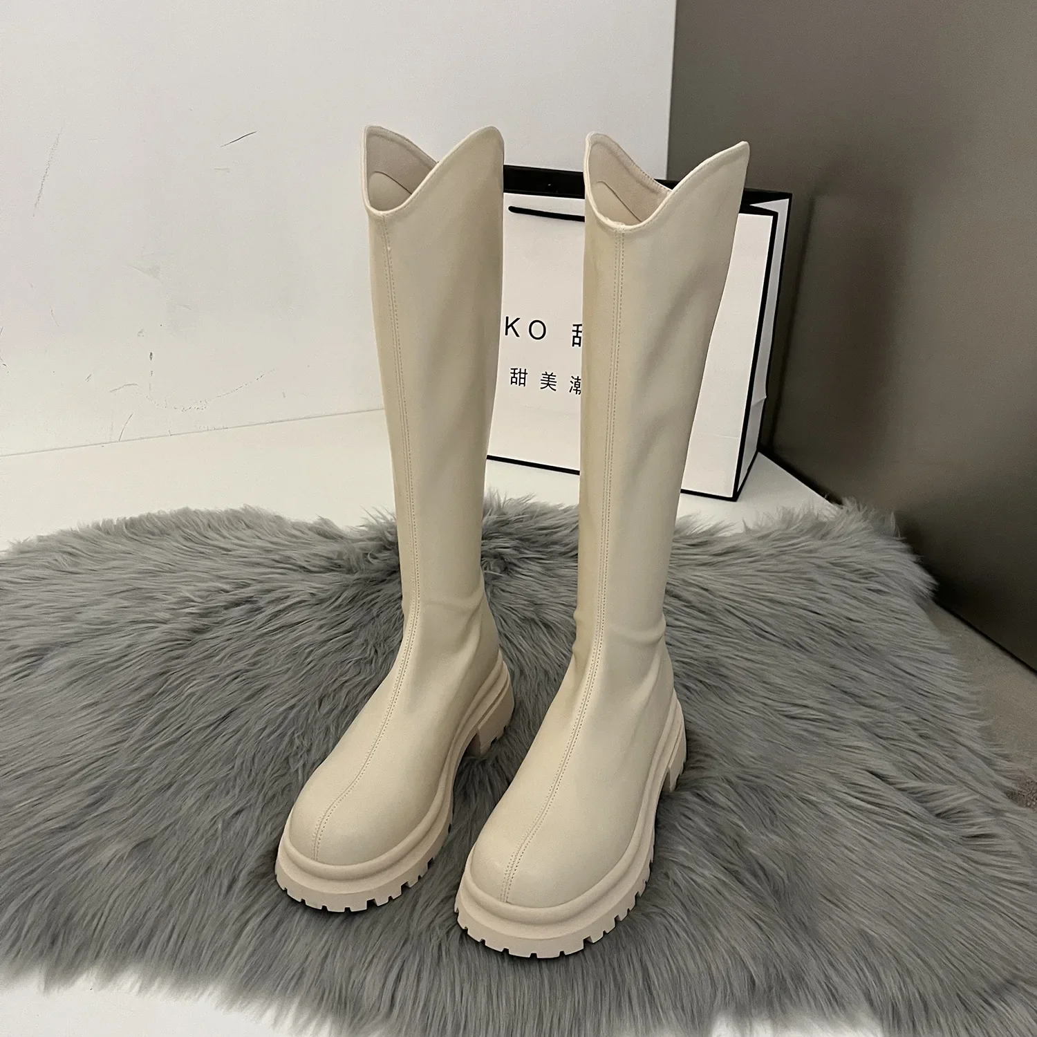 Retro Einfarbige Stiefel Damen Kniehohe Stiefel Mode Reißverschluss Hinten Ritterstiefel Quadratische Absätze Herbst Winter Damenschuhe – Detail 14