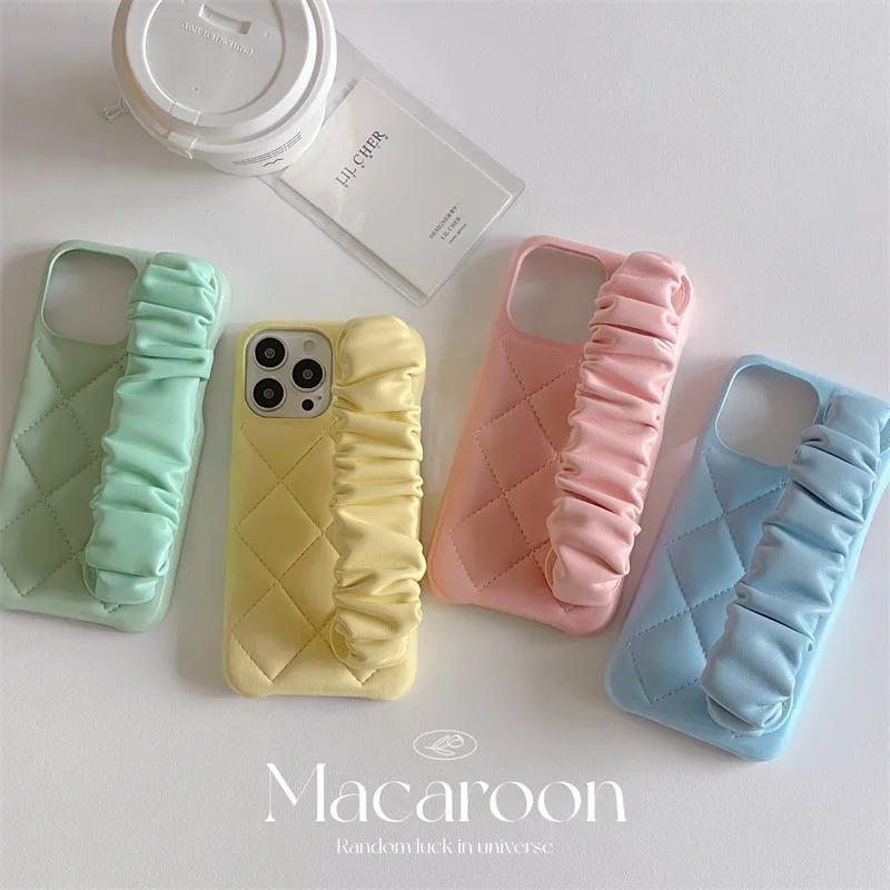 

Fashion Macaron Rhombic Wrist Strap Female Phone Cover Case For Iphone 15 14 13 12 11 Pro Max Luxury Leather Coque Fundas