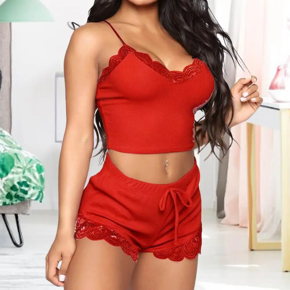 2 Pcs/Set Fabulous Sleeveless Lady Night Clothes Patchwork Women Pajamas Set Drawstring Lady Pajamas for Sleeping