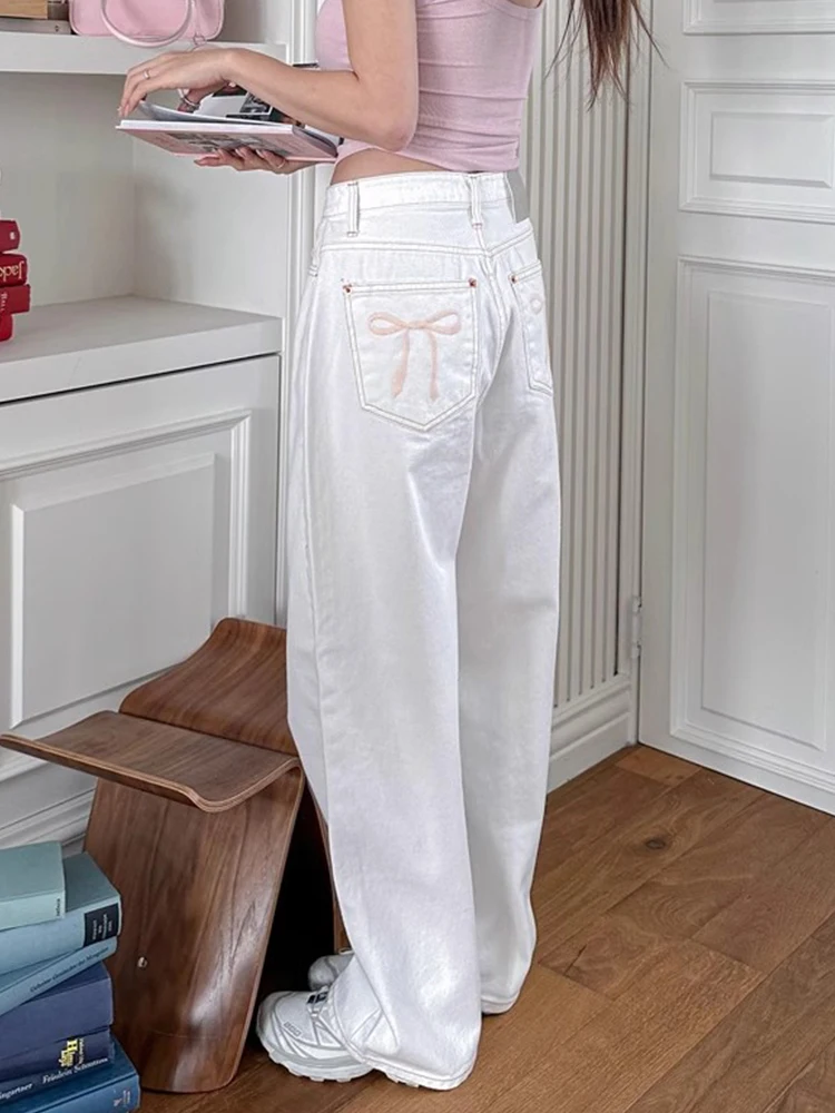 

Изящные джинсы с вышивкой и узлами, с высокой талией, прямого кроя, женские универсальные широкие джинсовые брюки, весенняя коллекция