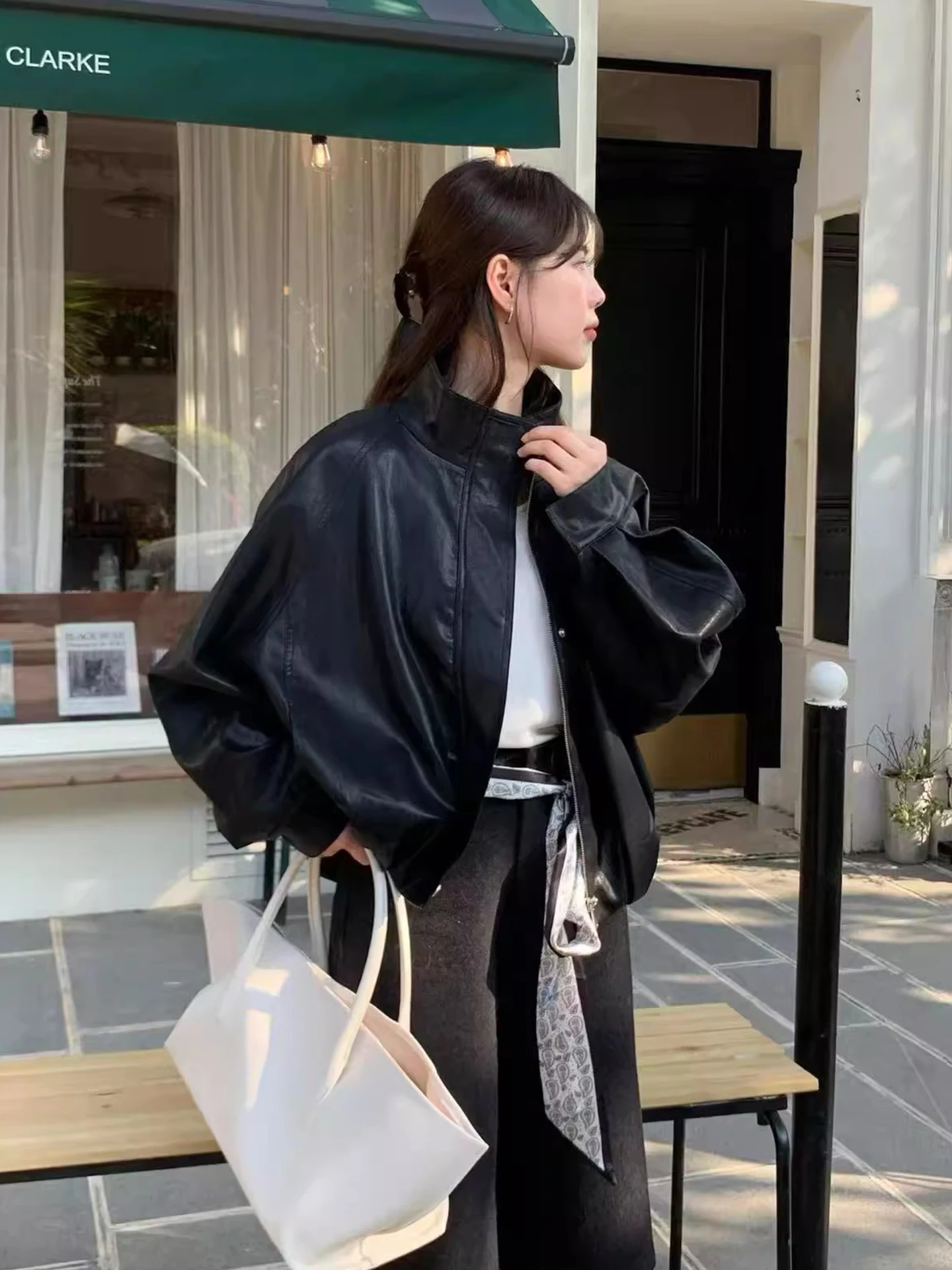 Chic Autumn New Sle Loose Fit Long Sve Stand Collar PU Leather Jaet Women's Coat with ket Trendy Commute Sle