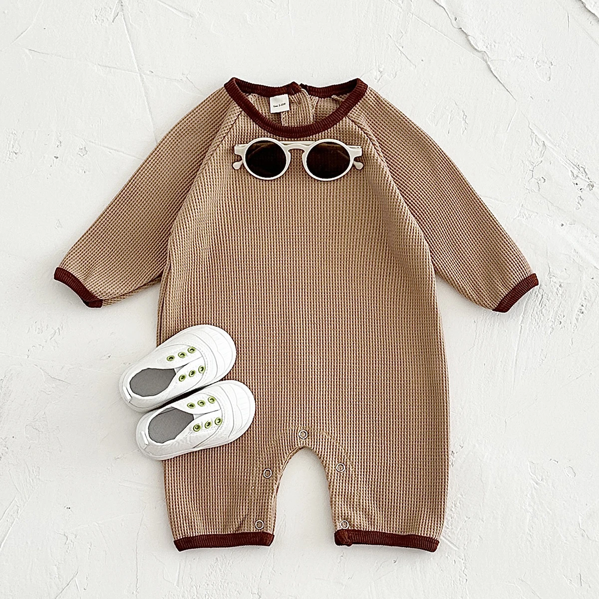 2024 Spring Autumn New Unisex Baby Bodysuit Long Sleeve Solid Color Spliced Boys Girls Creeper Newborn Baby Waffle Jumpsuit