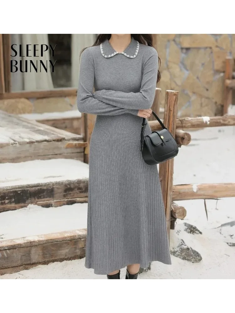 

Women Winter Dress Elegant Slim Knitted Long Sleeve Dress Contrast Collar Midi Dress for Lady Warm Autumn Winter Bodycon Outfit