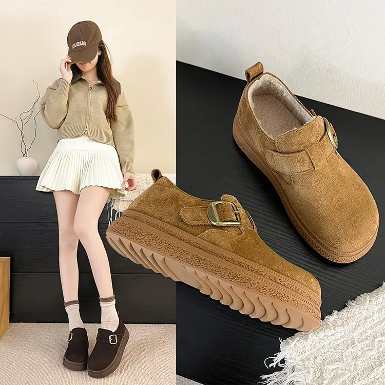 HKDQ Women's Loafers Round Toe Flat Heel Suede-Look Upper Buckle Strap Casual Everyday Fashion Daily Walking Trendy Footwear