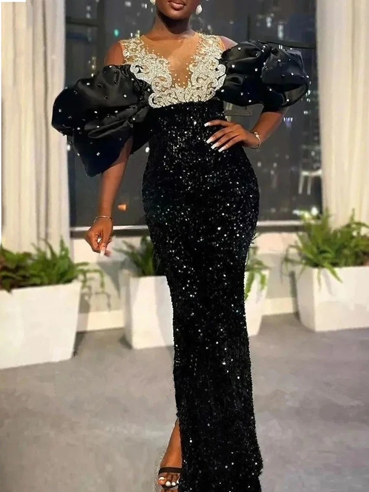 

Elegant Shiny Evening Dress Women Autumn Party Long Gown Lace Sequins Even Robe Femme Black Off Shoulder Formal Vestido