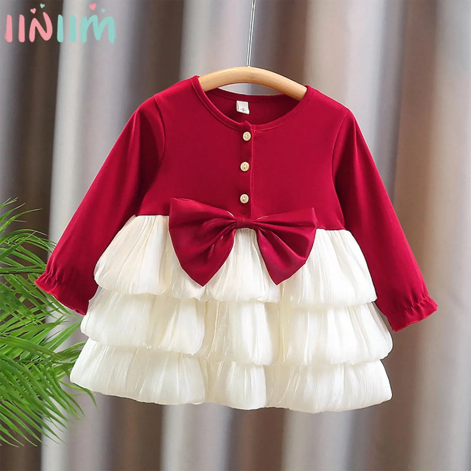

Baby Girls Christmas Princess Dress Long Sleeve Sweet Bowknot Tiered Tutu Ball Gown for Xmas Wedding Birthday Party Photography
