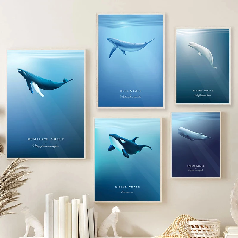 Nordic Whales Marine Life Ocean Poster Canvas Painting Humpback Sperm Whale Wall Art Pictures Canvas Painting Room Home Decor