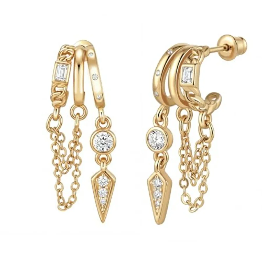 HAXIYA 14K Gold Plated Hoop Earrings for Women Triple Huggie Illusion Stud Earring Double Huggie Hoop Earrings for One Hole Cla