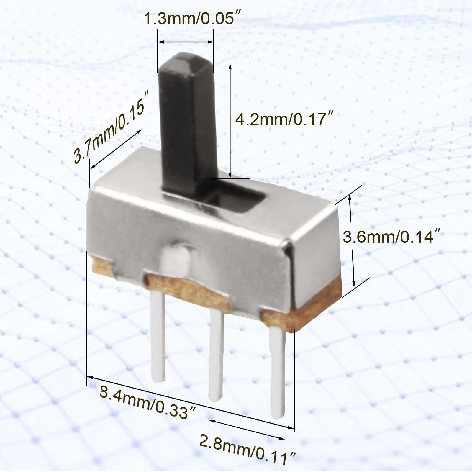 100 Uds Mini interruptor Micro deslizante Vertical 2 posiciones 3 pines Terminal 1p2t SPDT interruptores de encendido/apagado SS-12D00 para PCB placa de pruebas electrón