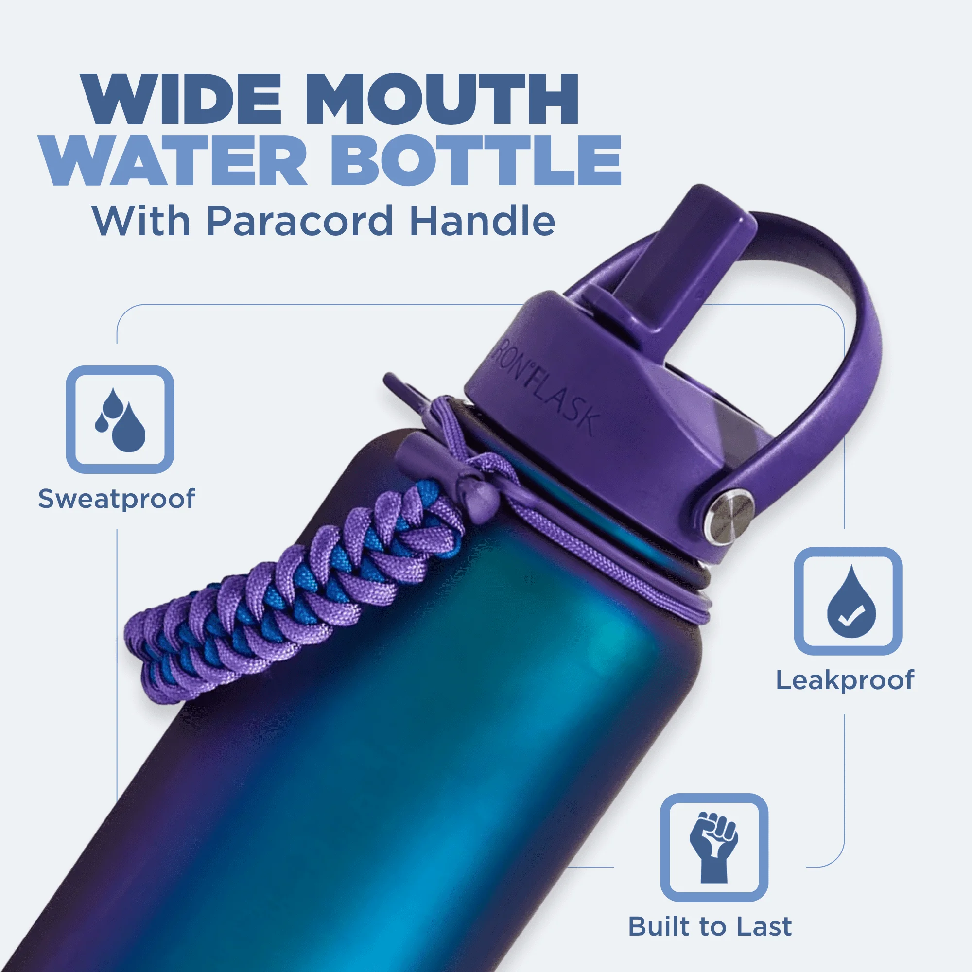 

40oz Wide Mouth Water Bottle with Paracord Handle and 2 Lids - Aurora