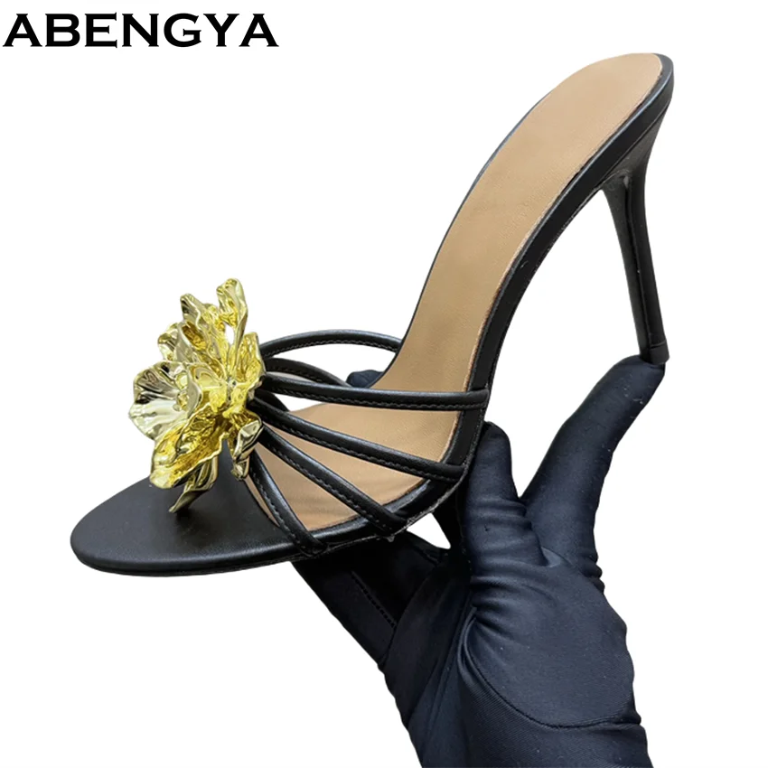 

Summer Flower Crystal Decor Slides Thin Heel Slippers Women Open Toe High Heel Party Shoes For Women Gladiator Sandals Women