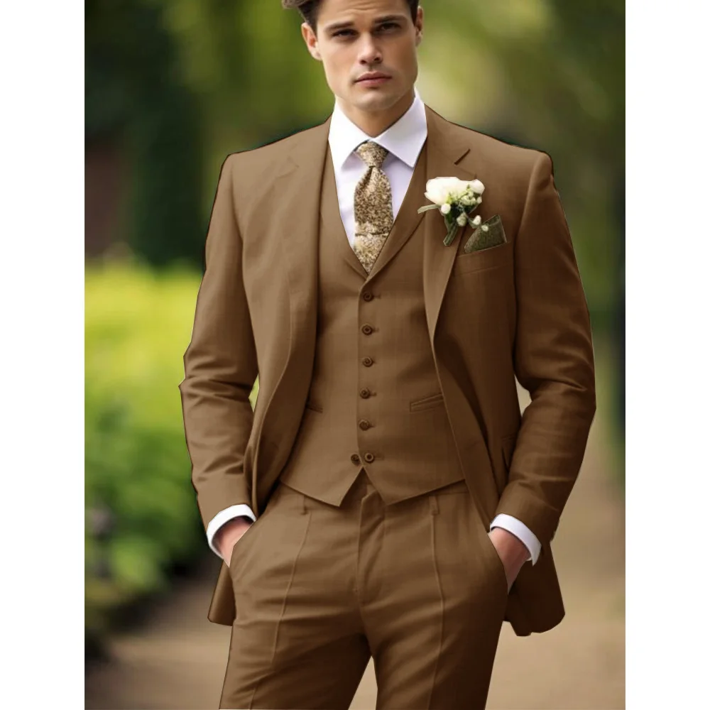 Men\'s Three-piece Elegant and Fashionable Slim Solid Color Design Groom Wedding Dress Trousers Boyfriend Suit for Wedding Full