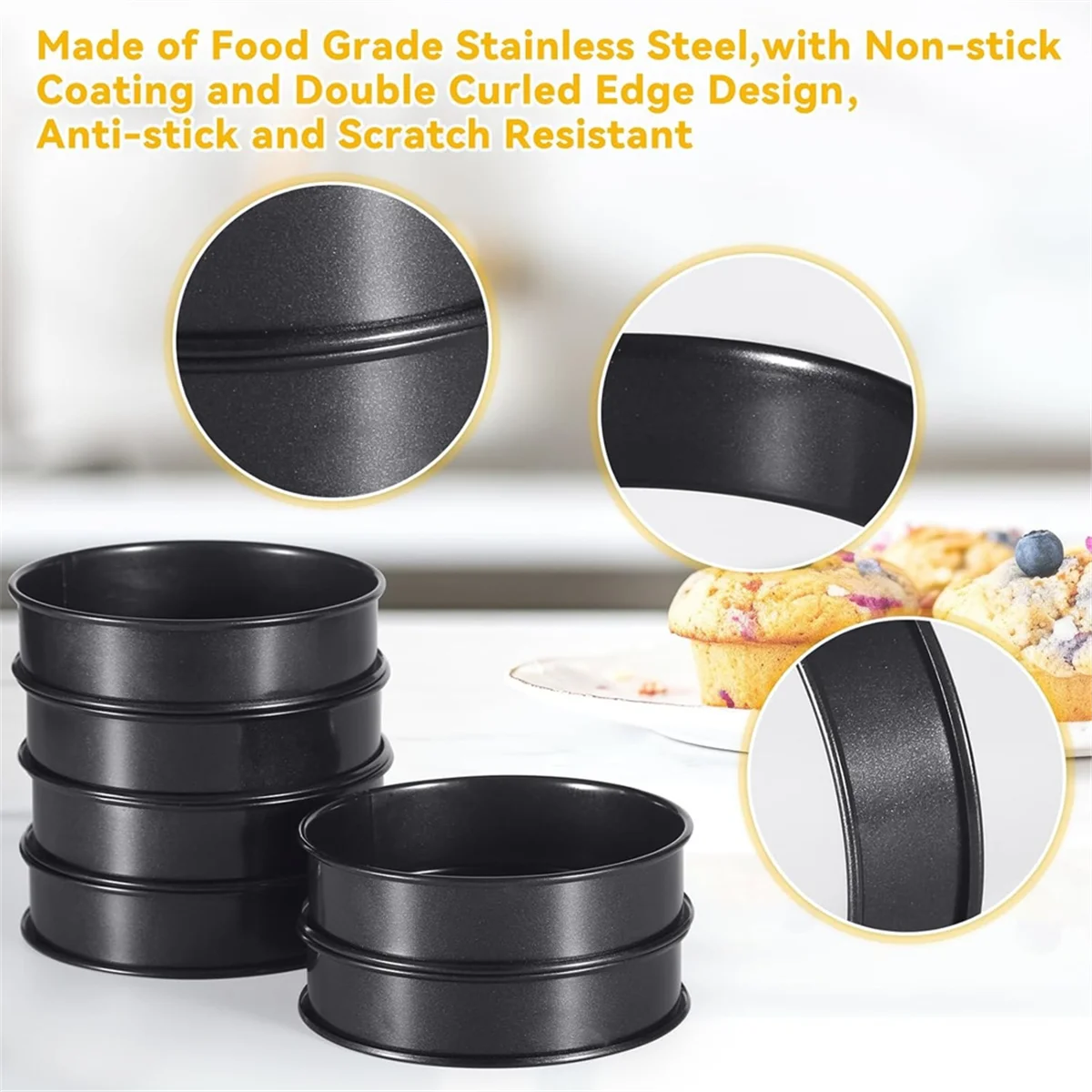 6 قطع من حلقات البجائر، 4 بوصة مزدوجة المدرفلة من الفولاذ المقاوم للصدأ على شكل كعكة مستديرة تورتة على شكل بيضة كوكي، قالب حلقات برغر للخبز والطبخ HY