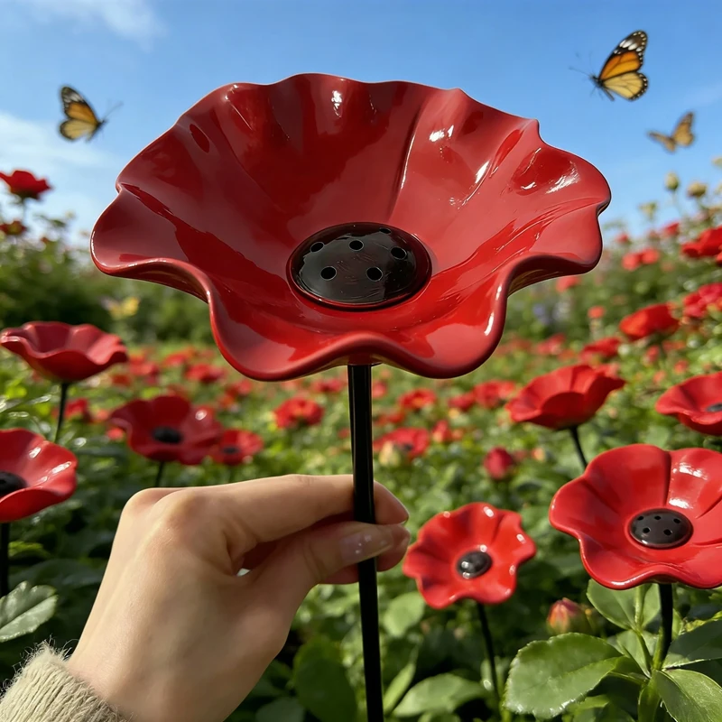 Outdoor Bird Feeder with Drinking Bowl Birds Bathing Basin Handmade Metal Flower Garden Stake for Garden Birds Waterer Supplies