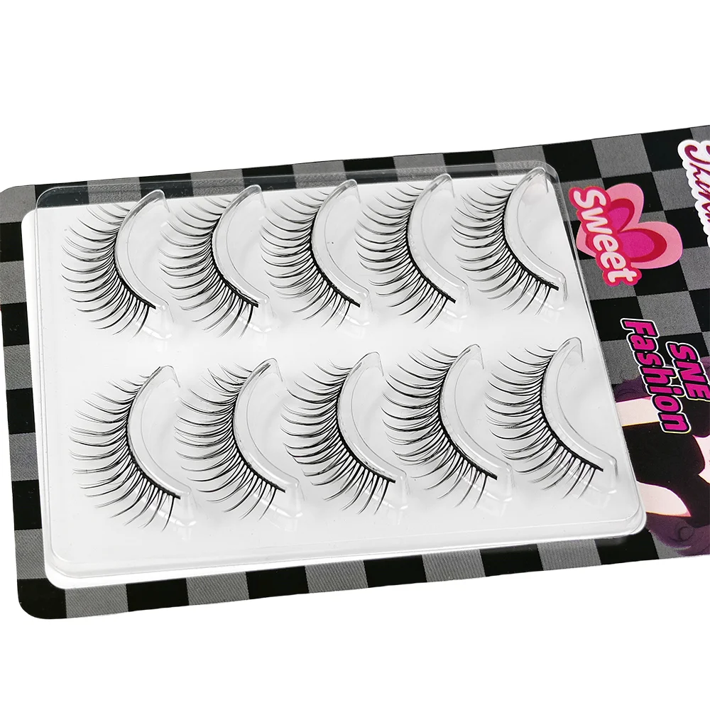 5 paia ciglia finte ciglia finte striscia giornaliera croce nera fascia sottile 7-10mm fumetto manga ciglia arricciate naturali forma cosplay L