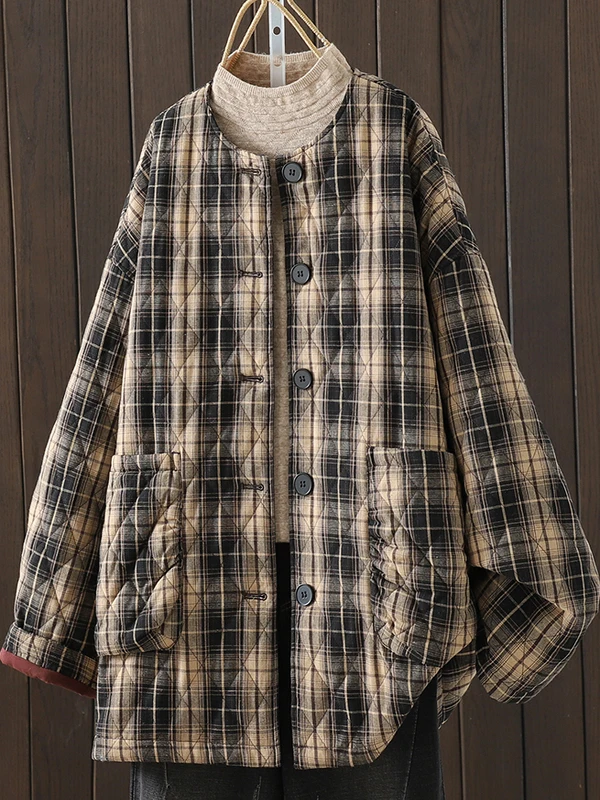 Jaket Wanita Katun Retro Artistik, Model Bulat, Hangat, Motif Kotak-kotak, Kancing Tunggal, Musim Dingin, Baru, untuk Kerja, Tebal...