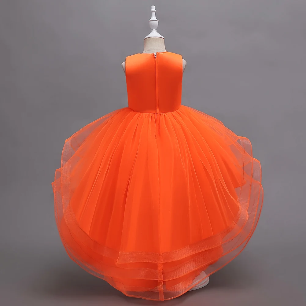 Orange Flower Girl Party Dresse for 3 to 12 Year KID Birthday Princess Tail Dress Sleeveless Girl ball Dress