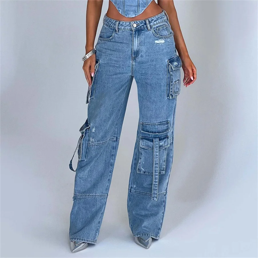 

Fashion Blue Women Wide Leg Baggy Jeans Low Waist Loose Pants Denim Trousers Y2K Streetwear Gothic Multi-Pocket Women's Jeans