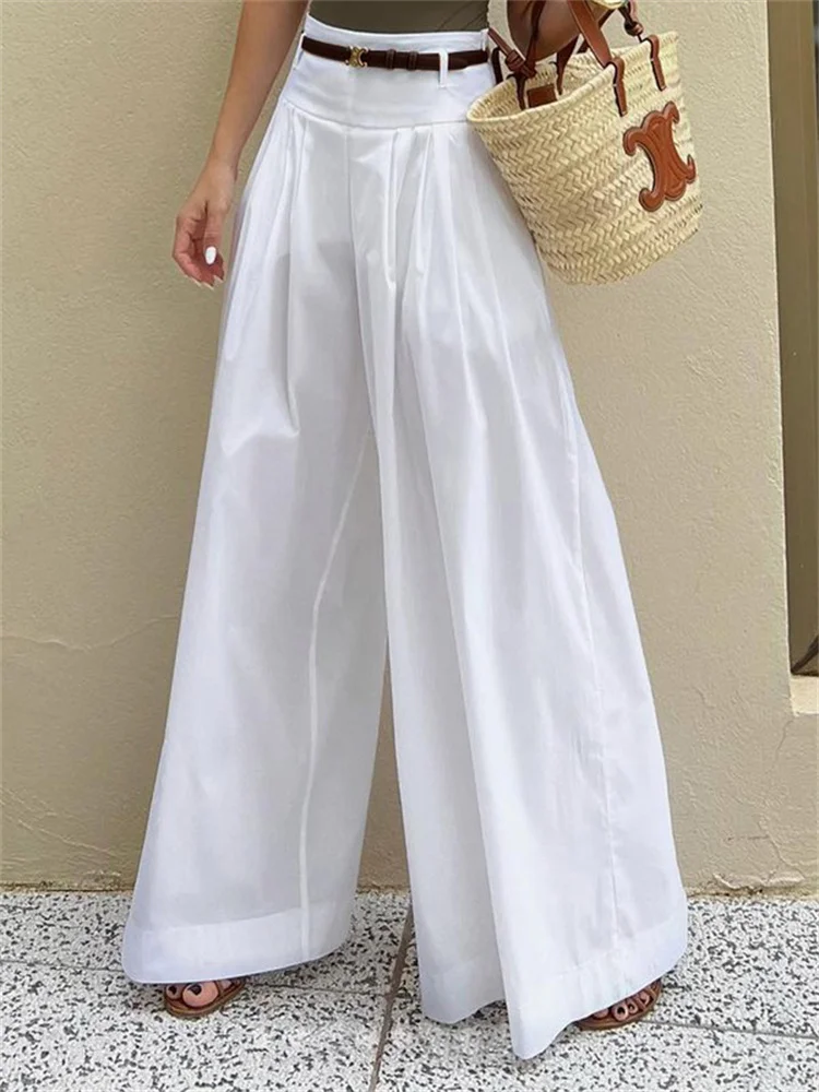 Modigirl Women High Waist Casual Wide Leg Long Palazzo Pants 2024 Summer With Pockets Loose Female Simple White Trousers Bottoms