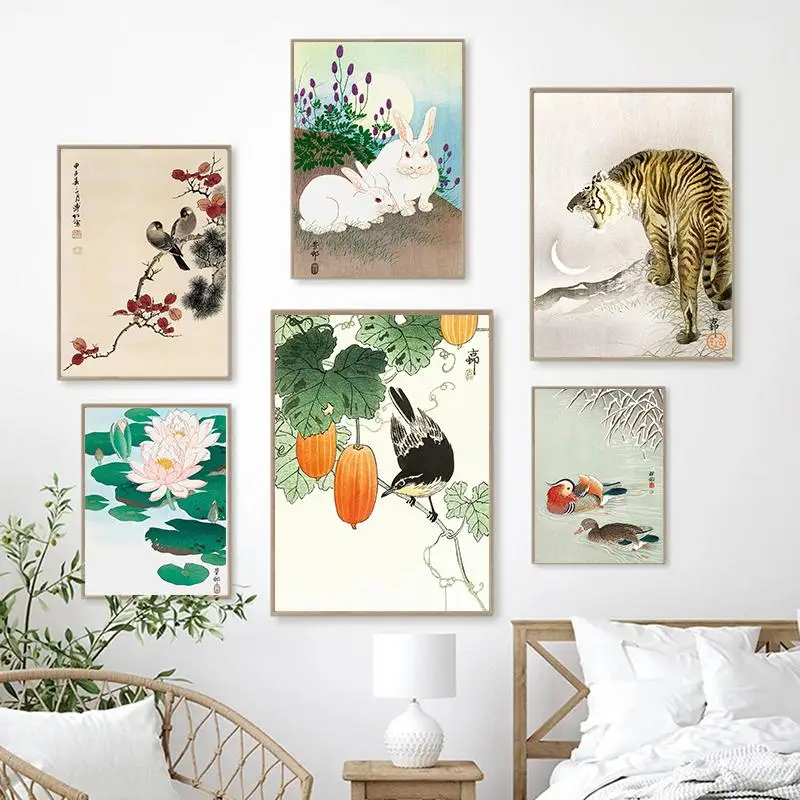 Affiche murale japonaise vintage, peinture sur toile avec motifs Poisson rouge, Lotus, Hibou, Grue, pour décoration murale de Salon, Bar à domicile, Café