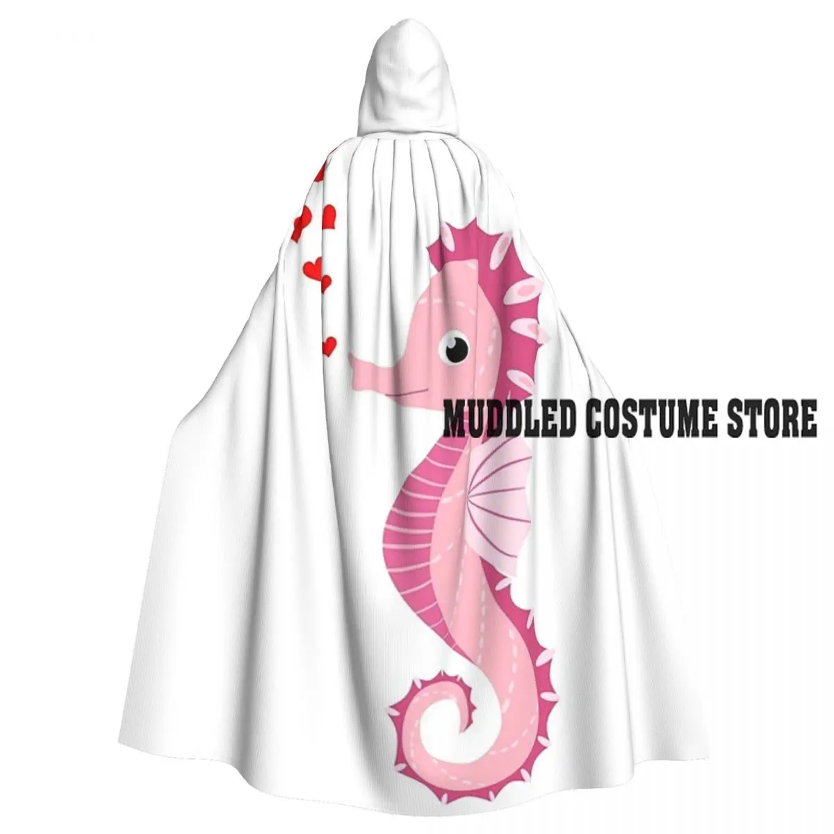 

Pink Seahorse With Red Hearts Long Hooded Cloak Witch Medieval Costume Cosplay Cape HalloweenVampire Adult Unisex
