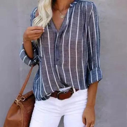 Camiseta cómoda para ir al trabajo a rayas con estampado clásico, sencilla, a la moda, Top de verano, camiseta con cuello en V a rayas para mujer