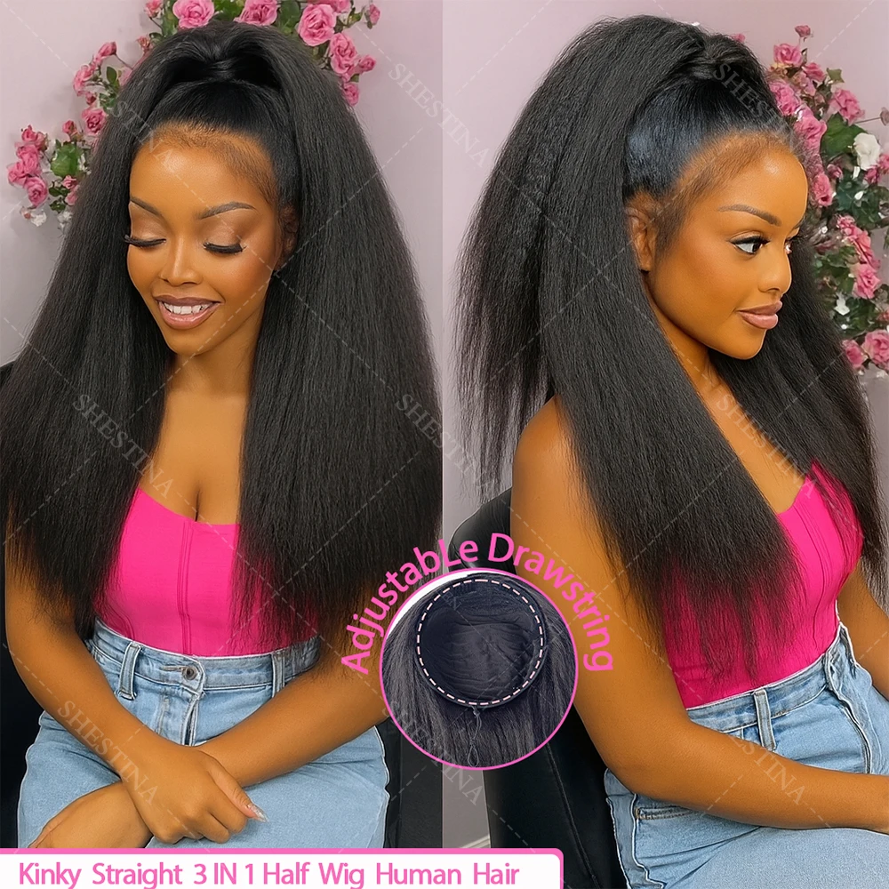 

250% Kinky Straight 3 In 1 Half Wig Human Hair Wigs With Drawstring Yaki Straight 3/4 Half Wigs Full Machine Made Glueless Wig