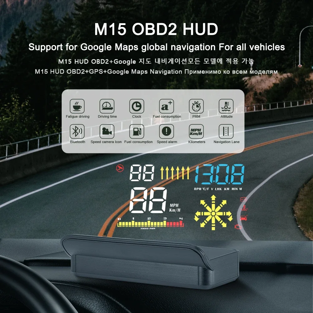 

Дисплей на лобовом стекле M15 OBD2, спидометр, превышение скорости, об/мин, напряжение, температура воды, Оповещение об отказе двигателя