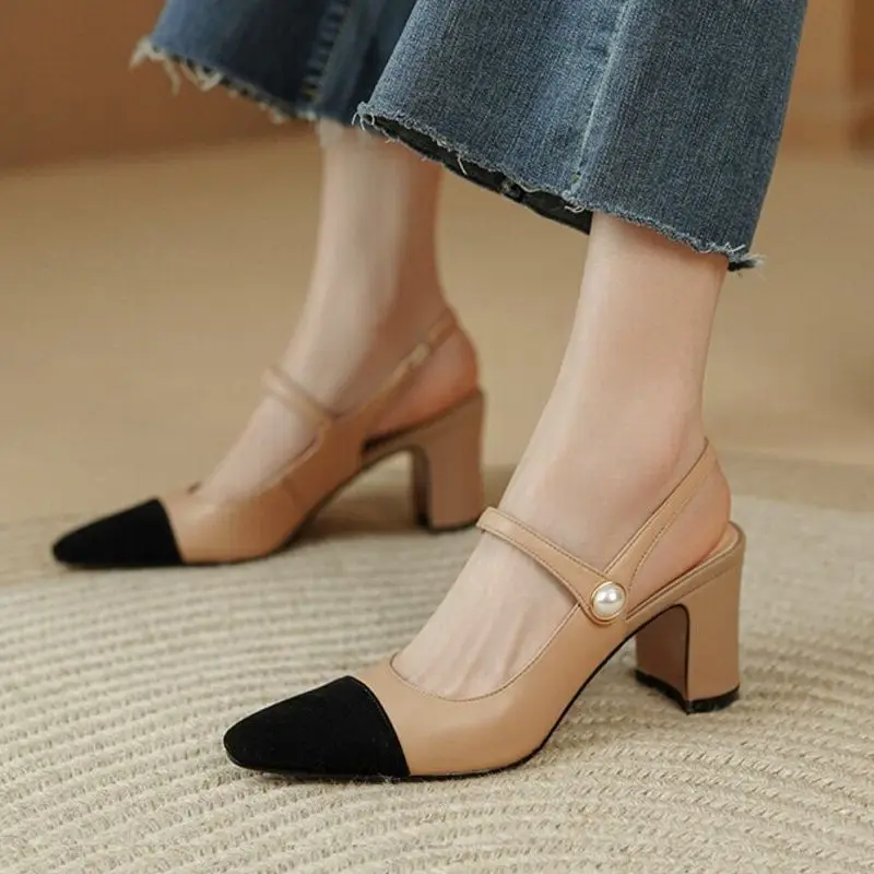 

Women Sandals French Style Modern Ladies Elegant Shoes Sheepskin Summer Sandals Slingbacks Spring Pumps On Heel 5 CM