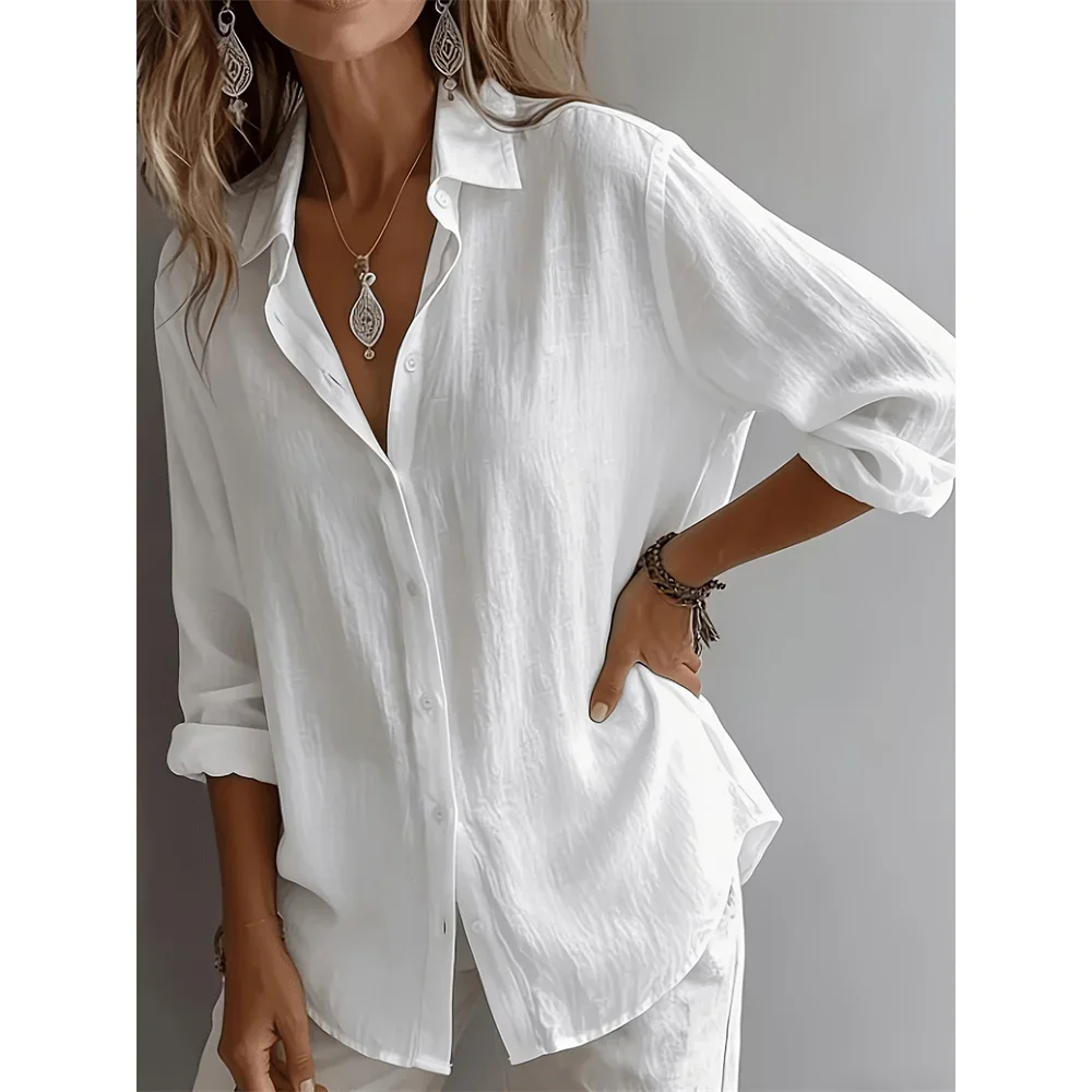 Damen Baumwoll-Leinen-Hemd, Oversize, leicht, atmungsaktiv, einreihig, lässig, mit Umlegekragen, langen Ärmeln, klassische Bluse – Detail 6