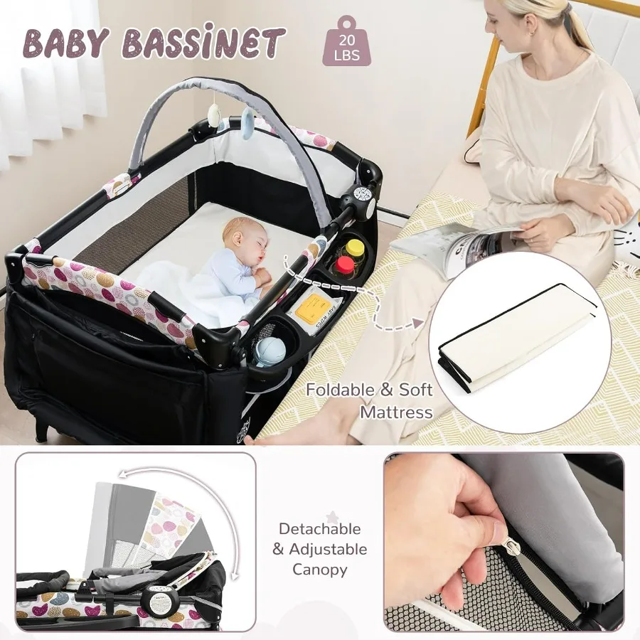 Pack and Play 4 in 1 Portable Baby Crib Playpen w Bassinet Changing Table Canopy Mattress Music Box Storage Bag Foldable Pack n