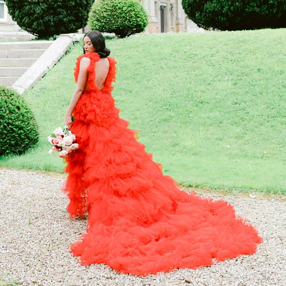 Robe de Patients en Tulle Rouge à Couches, Longue Traîne, Maille Bouffante, Photographie de Mariage, sur Mesure, pour ixde Bal de Jardin, Offre Spéciale