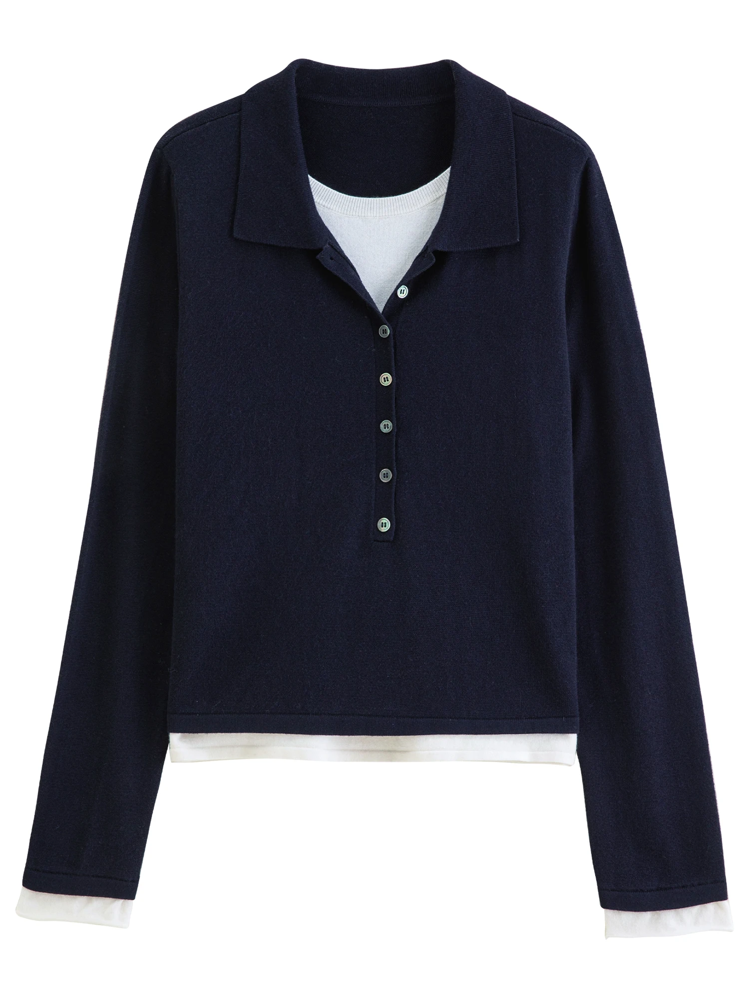 FSLE 2026 Autumn Winter New Women Barn Style Fake Two-Piece Color Block Lapel Pullover Knit Sweater Wool Blend Thin Chic Top