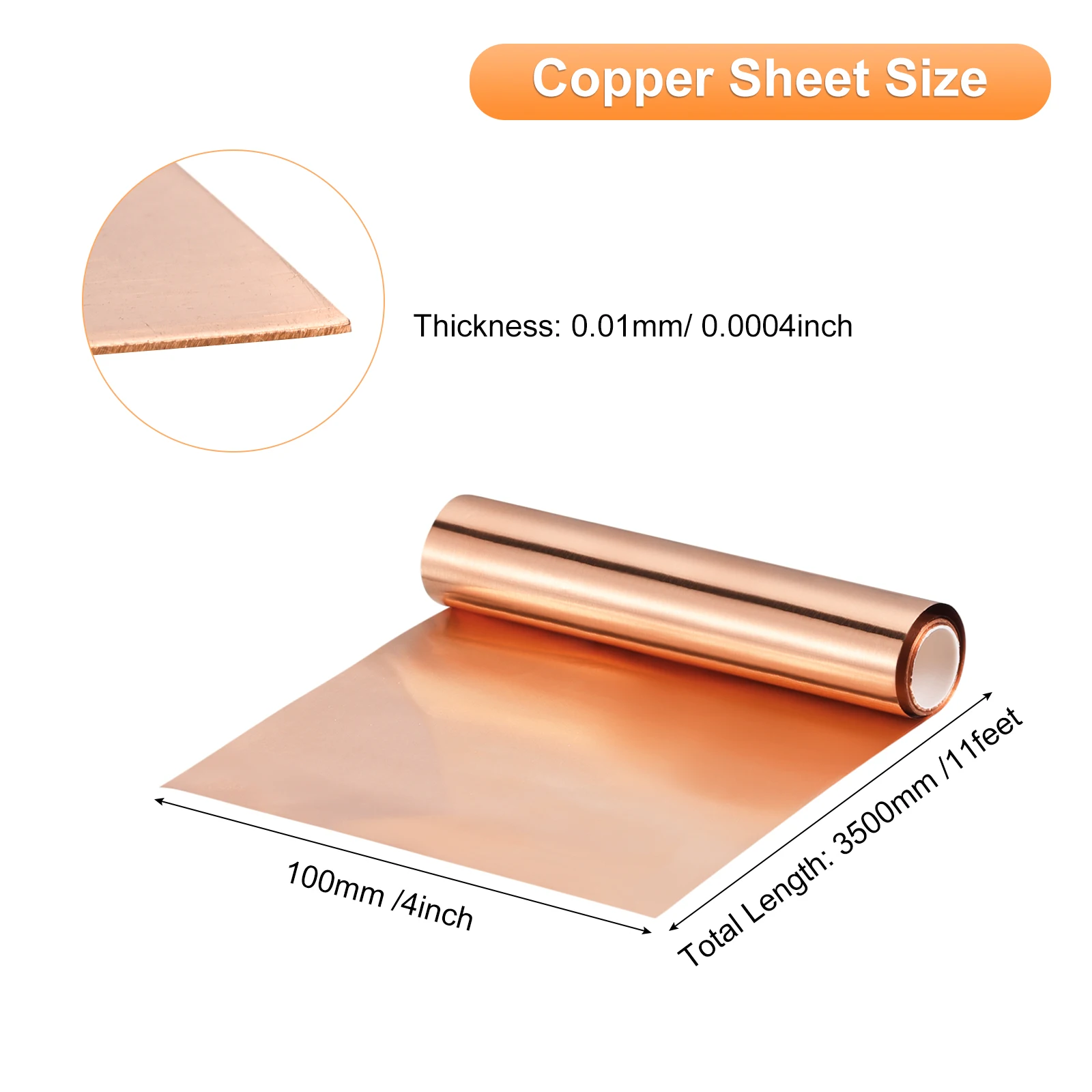 Copper Sheet Roll 3500mm X 100mm X 0.01mm, 99.9% Pure Copper Strip 4