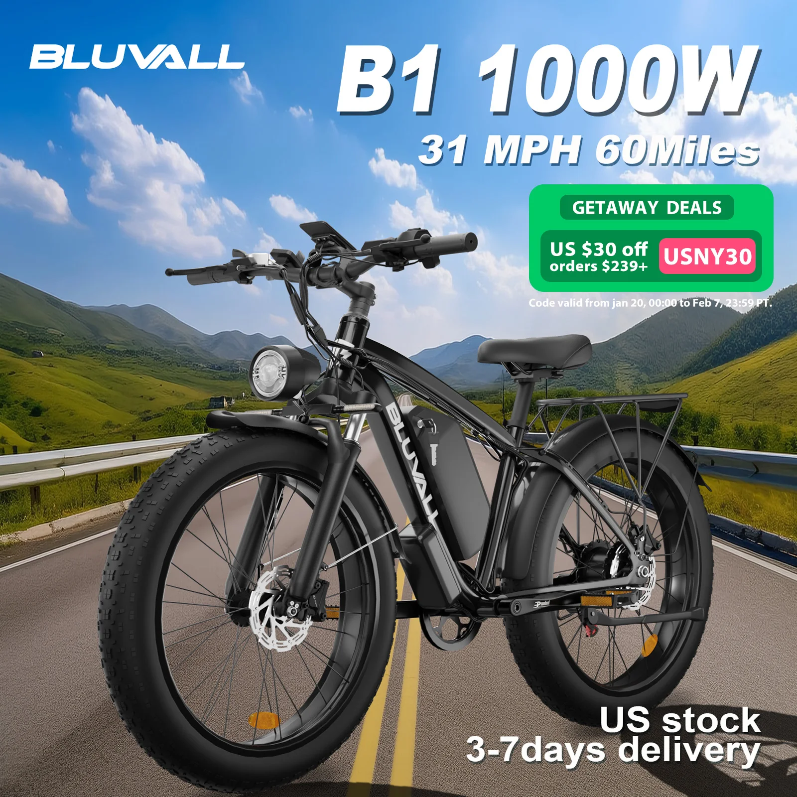 BLUVALL V1 48v  E-Bike Dual 2000W Fat tire Ebike 8 Speed Snow Beach Bike 26*4.0  Dual Motor Full Suspension 35MP