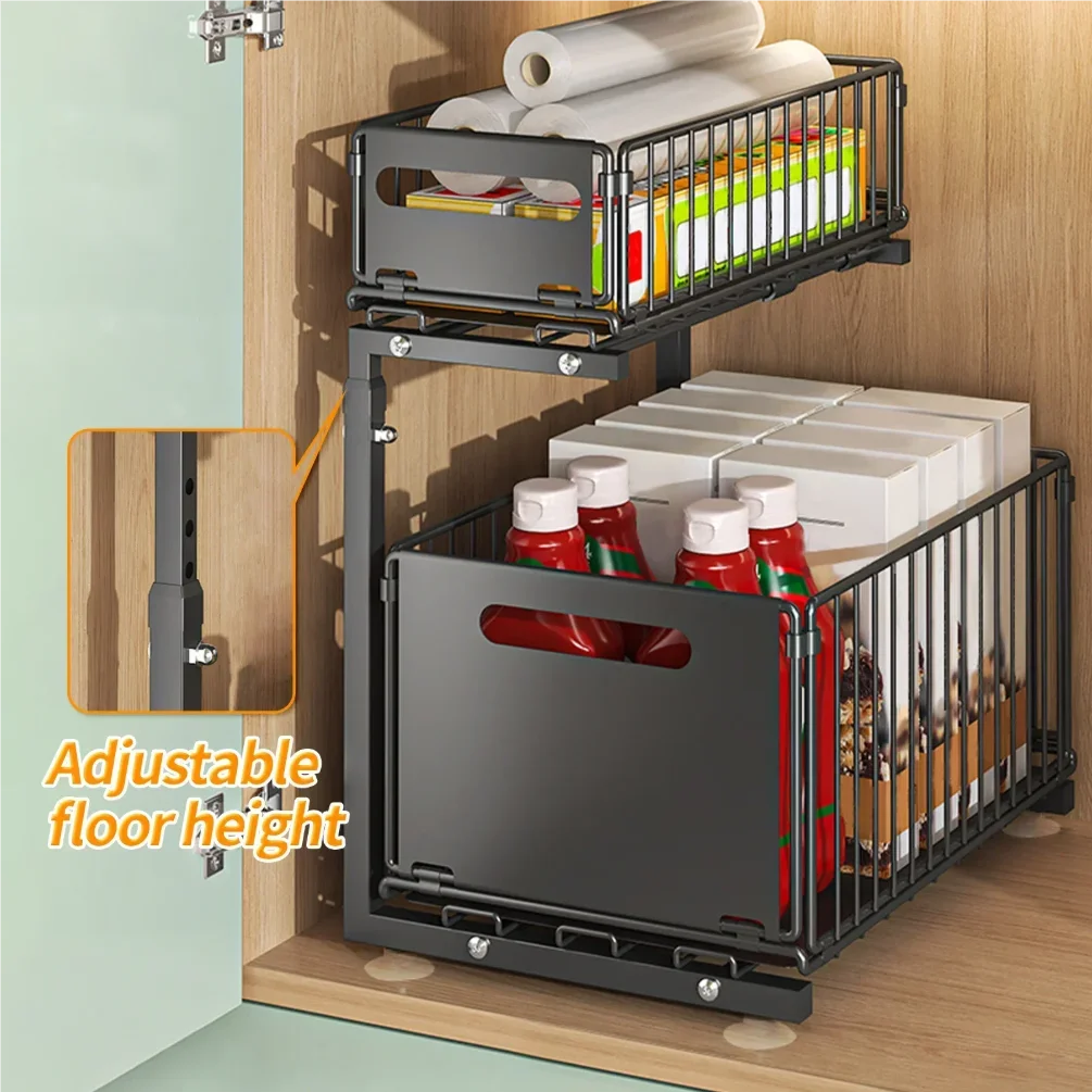 منظم تخزين تحت المغسلة من طبقتين، سلة تخزين خزانة منزلقة قابلة للتعديل، رف تخزين المطبخ مع أكواب شفط، كابينة سحب للخارج #2
