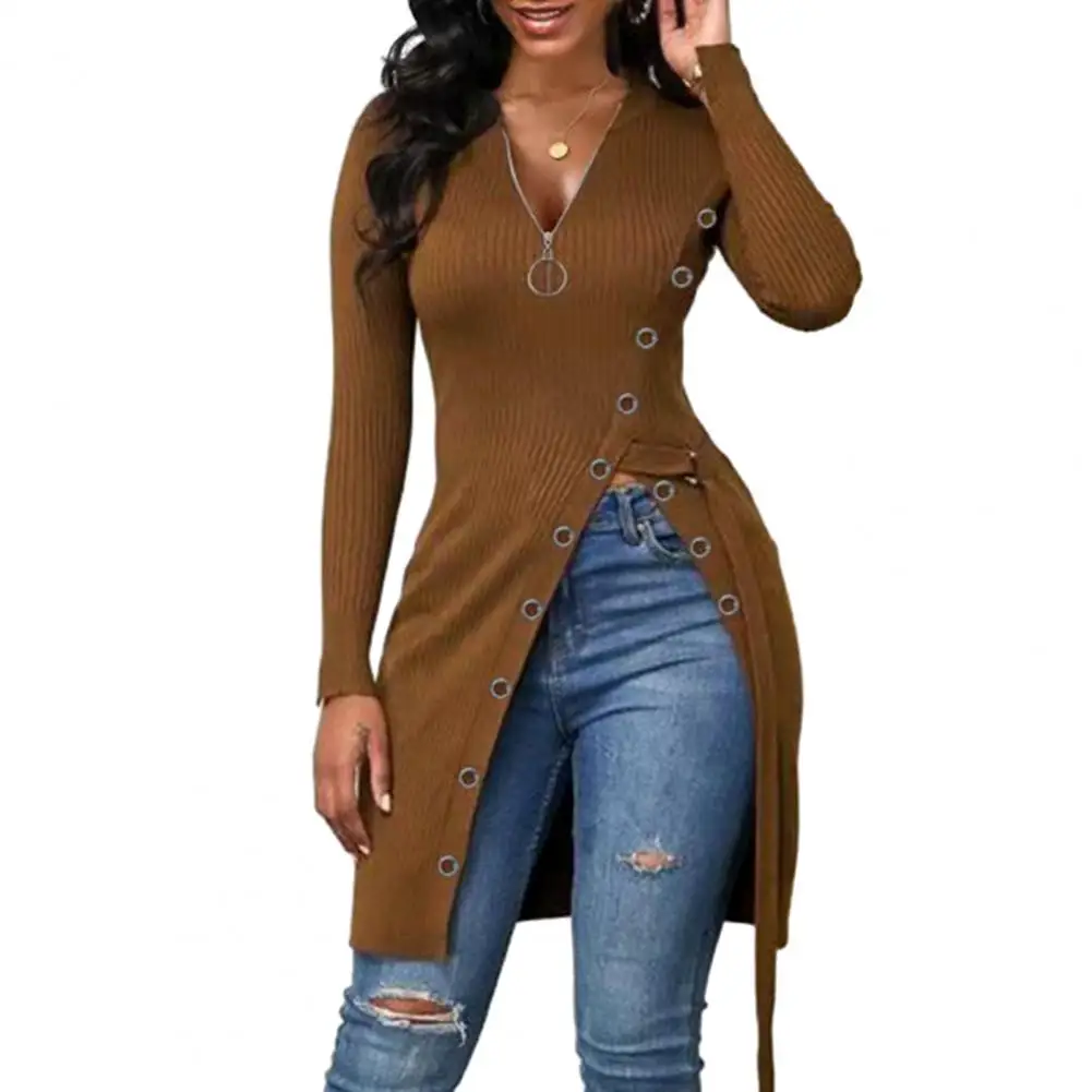 Elegant Women Sweater Top Zipper High Split Hem Mid Length Blouse Lace Up Waist Strap Jumper Long Pullover Sweater