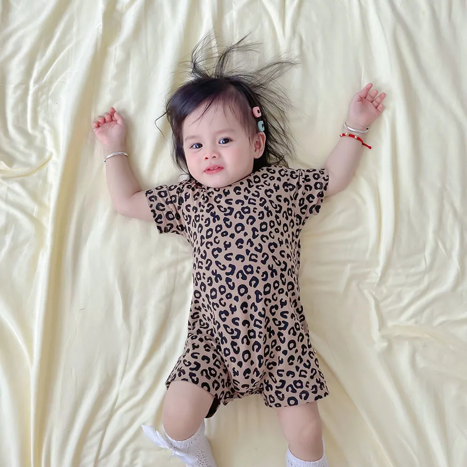 Baby Clothing Round Neck Short Sleeved Leopard Print Jumpsuit For Summer Cute And Fashionable Baby Girl Crawling Clothes