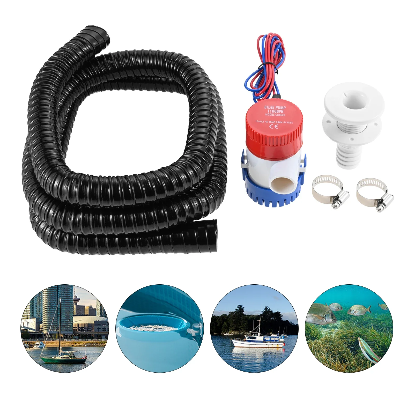 1-1/8Inch Bilge Pump Plumbing Kit,1100gph Electric 12v Boat Bilge Water Pump,6FT Hose,Stainless Steel Clamps & Thru-Hull Fitting