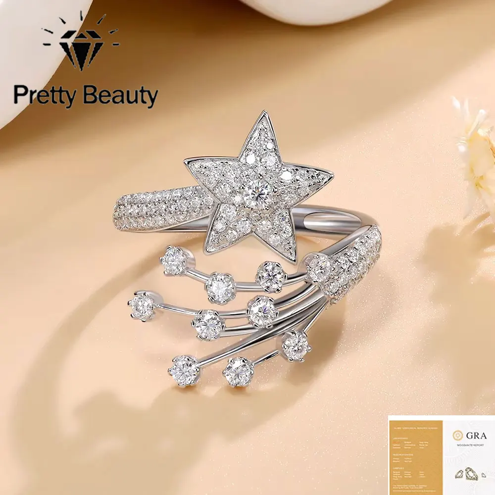 Pretty Beauty 925 Silver Full Moissanite Shooting Star Ring Comet Open Ring for Women Wedding Band Iced Out Pave Setting Jewelry
