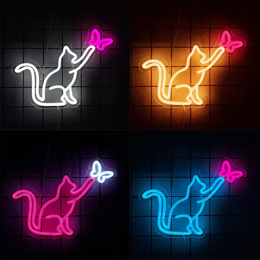 

3D настенная вывеска Kawaii Animal, спальня, гостиная, вечеринка, офисный декор, рождественский подарок, светодиодная неоновая вывеска «Кошка ловля бабочки».