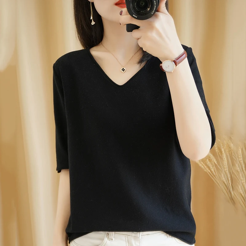 

2022 Summer new cotton knit five-sleeve T-shirt Women's V-neck loose thin cotton and linen top half sleeve