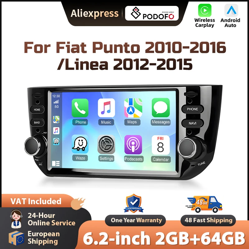 Podofo 6,2-Zoll-Autoradio für Fiat Punto 2010-2016/Linea 2012-2015, kabelloses CarPlay, Android-Autoradio, WIFI, GPS, Radio, FM/RDS, BT