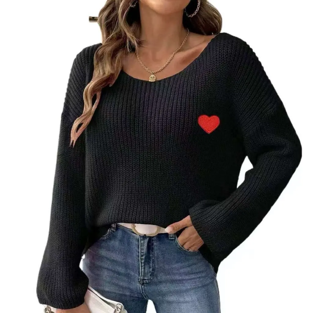 

Women's One-Shoulder Pullover Sweater Love Embroidery Patch Loose Lazy Style Top for Valentine's Day Popular